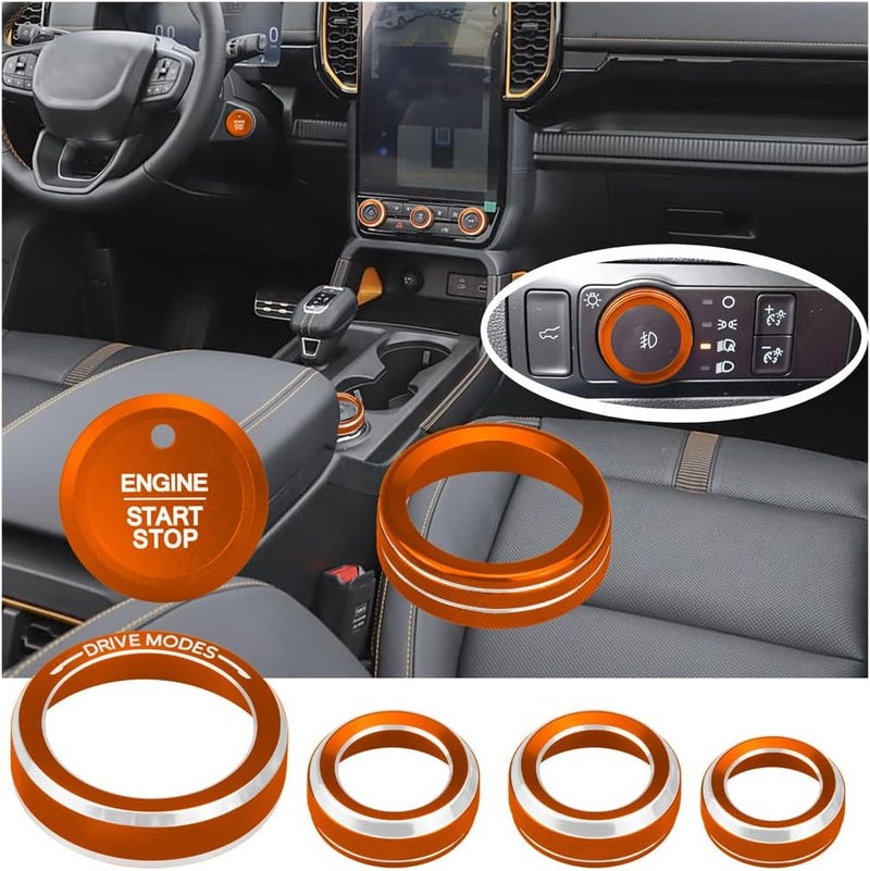 HDUFC for Ford 2024 2025 Ranger, air Conditioning, Volume Control, Push-Button Start, 4WD and Headlight switches, 7 Pieces of Aluminum Alloy knob Cover Decoration (Orange) - Image 1